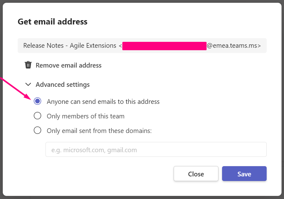 advanced settings for a Microsoft Temas channel address