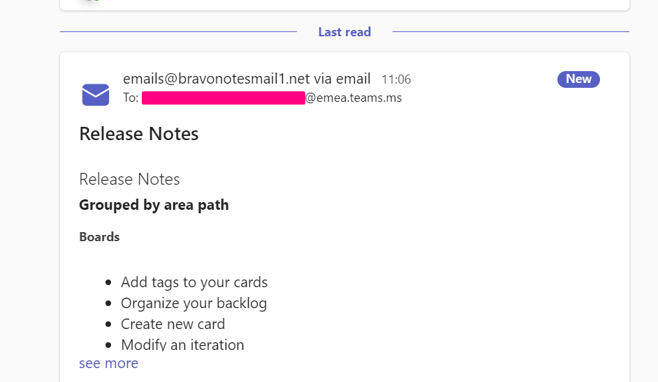 message sent to Microsoft Teams channel from Bravo Notes for Azure DevOps